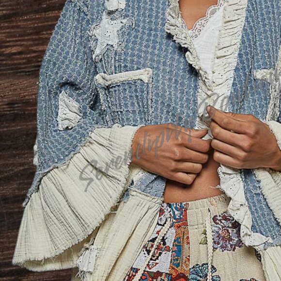 POL New Fall 2025 Release Ruffles Denim Stars & Moon Patches Denim Jean Jacket - Picture 4 of 13